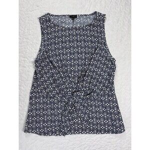 Talbots Blue White Geometric Front Tie Sleeveless Blouse size Large Petite